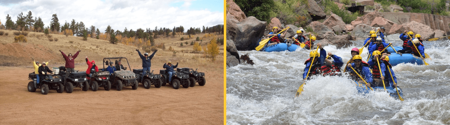 Two images side-by-side of Colorado Springs ATV rentals and Arkansas River rafting