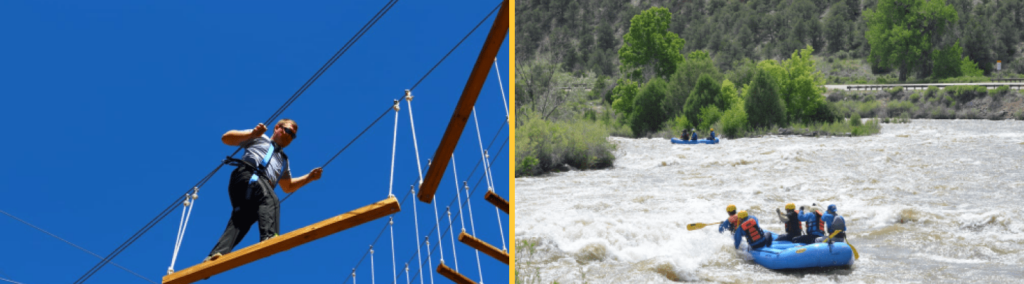 Two images side-by-side of Colorado Springs ropes course and Arkansas River rafting