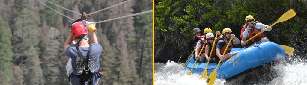 Two images side-by-side of Colorado Springs ziplining and Arkansas River rafting