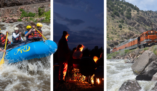 photo collage of whitewater rafting, campfire, and the Royal Gorge train